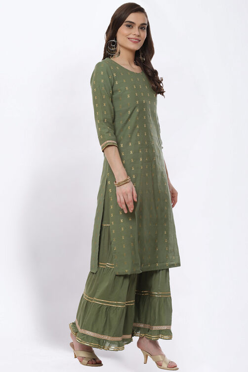 Olive Green Art Silk Straight Suit Set image number 2